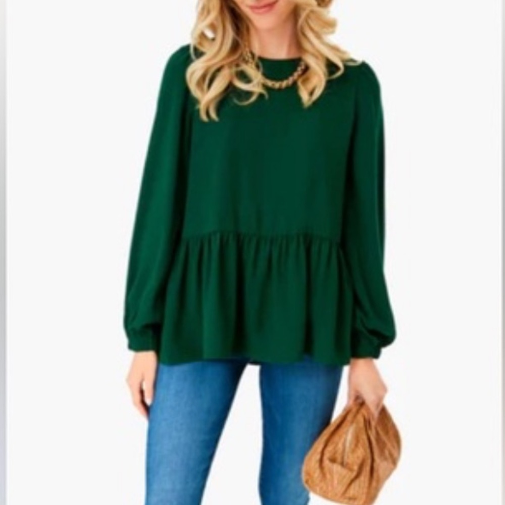 Tuckernuck Pomander Place Green Carlota Peplum Blouse XL Long Sleeve Office
